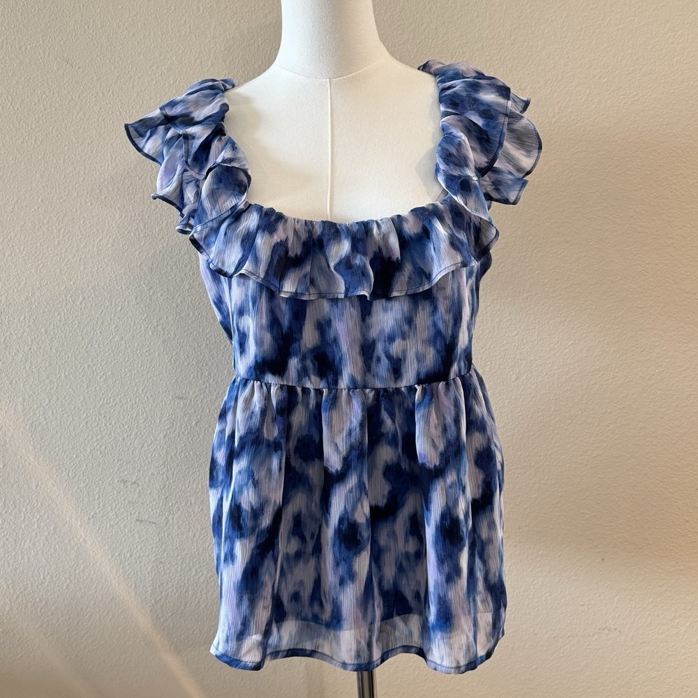 NWT Banana Republic Blue Watercolor Ruffle Tie Shoulder‎ Blouse Size Small